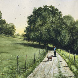 “Spaziergang mit Hund“, Aquarell, ca. 48x30 cm
